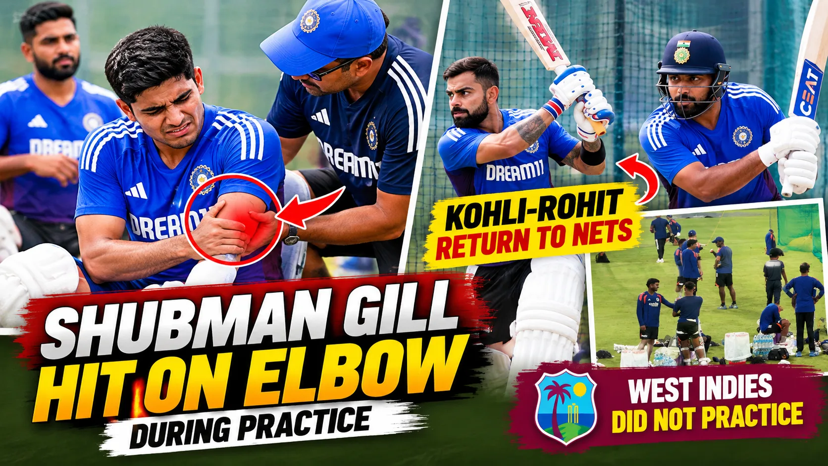 ind vs wi Shubman Gill Hit on Elbow During Practice
